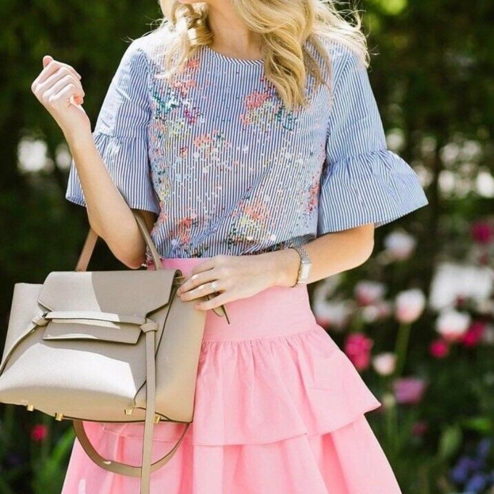 Rare J. Crew Collection Blue & White Striped Embellished Shirt Size 0 NWT